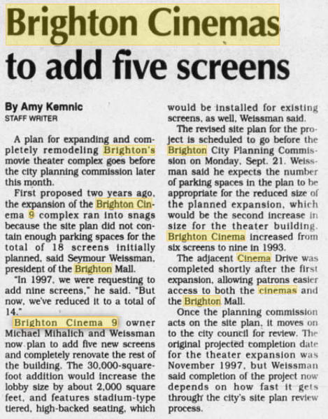 Brighton Cinemas 9 - Sept 4 1998 Article About Expansion That Never Happened